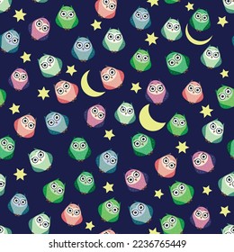 Cute multicolored owls at night with stars, clouds and moon. Seamless pattern in cartoon style, childish seamless pattern, newborn. Creative childish background for fabric, textile