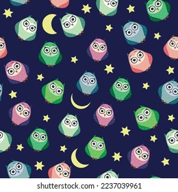 Cute multicolored owls at night with stars, clouds and moon. Seamless pattern in cartoon style, childish seamless pattern, newborn. Creative childish background for fabric, textile