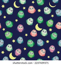 Cute multicolored owls at night with stars, clouds and moon. Seamless pattern in cartoon style, childish seamless pattern, newborn. Creative childish background for fabric, textile