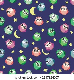 Cute multicolored owls at night with stars, clouds and moon. Seamless pattern in cartoon style, childish seamless pattern, newborn. Creative childish background for fabric, textile
