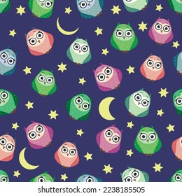 Cute multicolored owls at night with stars, clouds and moon. Seamless pattern in cartoon style, childish seamless pattern, newborn. Creative childish background for fabric, textile
