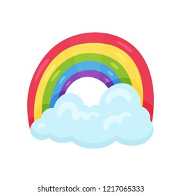 Cute multicolored rainbow with big blue cloud. Weather symbol. Decorative wall sticker for children room. Flat vector design