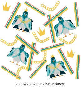 Cute multicolored seamless blue-yellow-orange pigeons pattern on white background. Colorful vector illustration for cards, business, banners, textile, wallpaper, wrapping