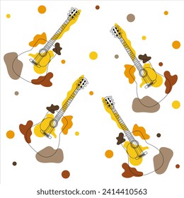 Cute multicolored seamless orange-yellow-brown line art guitars pattern with dots on white background. Colorful vector illustration for cards, business, banners, textile, wallpaper, wrapping 