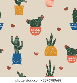 cute multicolored seamless pattern of cacti in pots vector illustration