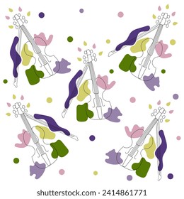 Cute multicolored seamless pink-violet-green, yellow Line Art Violins pattern with dots on white background. Colorful vector illustration for cards, business, banners, textile, wallpaper, wrapping 