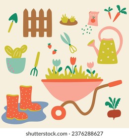 cute multicolored set of garden supplies vector illustration