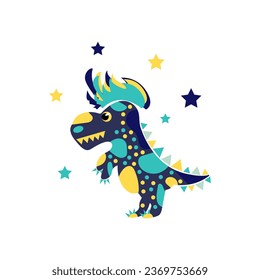 Cute multicolored spotted dinosaur with colorful mohawk. One from the collection for kids. Vector illustration	