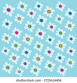 Patrón floral multicolor en fondo azul pastel.