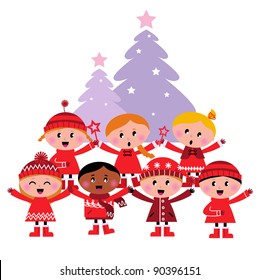 Cute multicultural caroling Children, christmas Tree