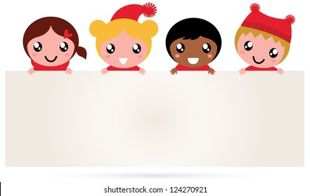 Cute multicultural christmas kids banner