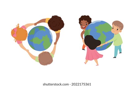 Cute Multicultural Kids Holding Hands together around the World, Friendship, Unity, Earth Planet Protection Cartoon Vector Illustration