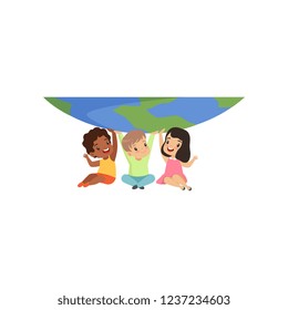 Cute multicultural little kids sitting under the globe and holding it vector Illustration on a white background