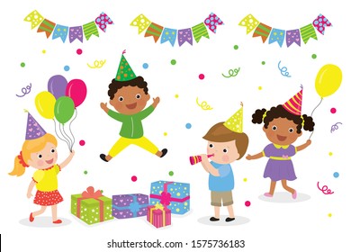 Cute multiethnic children celebrating. Cartoon kids birthday or new year party. Adorable boys and girls with hats and balloons. Little characters isolated on white background. Flat vector illustration