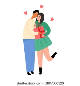 Cute multiethnic couple in love. Man gives a Valentine's day gift to his beloved wife or girlfriend. Vector isolated illustration.