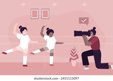 Cute multiethnic girls ballet dancer at photo session, photographer uses camera with tele lens and making photos. Beauty kids before camera. Photo studio interior with equipment. vector illustration