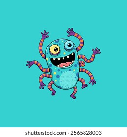 Cute, multi-limbed, blue cartoon monster.