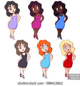 Cute multinational chubby plus size plump girls in dress, beautiful woman posing. clip-art cartoon vector illustration eps10