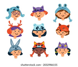 Cute multiracial boy and girl head in animal hat costume fox, bear, frog, deer, panda, bunny, tiger, owl isolated on white. Vector flat characters illustration. Design for party, invitation, birthday