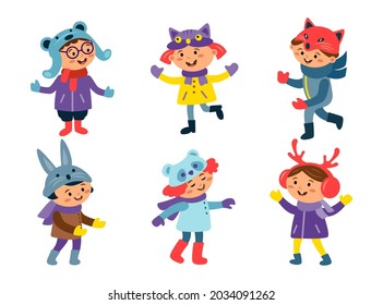 Cute multiracial boys and girls in animal hat costume fox, bear,  deer, panda, bunny isolated on white background. Vector flat characters illustration. Design for party, invitation, birthday