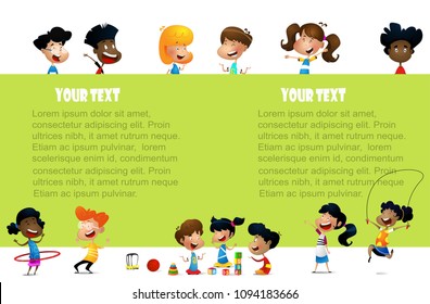 Cute multiracial children holding blank poster. Good for advertising brochure. Layered and easy to edit Cartoon vector illustration.