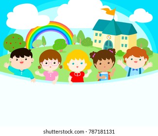 Cute multiracial children joyful at school background vector.
Template for advertising poster,your text, ready for your message. 
Colorful rainbow with school in sunny day vector illustration.