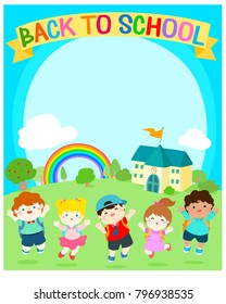 Cute multiracial children joyful at school background vector.
Template for advertising poster,your text, ready for your message. 
Colorful rainbow with school in sunny day vector illustration.