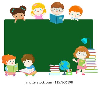 cute multiracial children joyfull behind blackboard with school supplies.

Template for advertising poster.