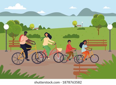 Cute multiracial family riding bicycles in the park by the lake. Mom, dad and children on bikes. Parents and kids cycling. Sports and leisure outdoor activity. Flat cartoon vector illustration