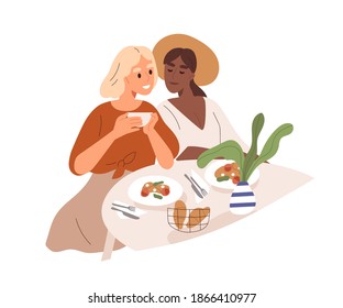 Cute multiracial lesbian couple have a date at cafe. Homosexual women cuddling and having breakfast. Romantic scene with lgbt family. Flat vector cartoon illustration isolated on white background