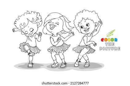 Cute Multiracial toddler Girls dancing and having fun together. Children party concept. Vector hand drawn coloring page