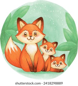 Cute mum fox with two puppies