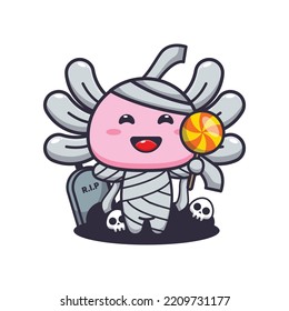 Cute mummy axolotl holding halloween candy. Cute halloween cartoon illustration.