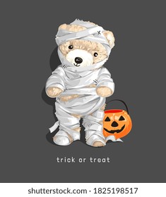 cute mummy bear doll with trick or treat slogan on black background