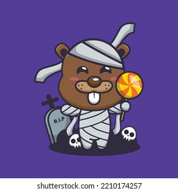 Cute mummy beaver holding halloween candy. Cute halloween cartoon illustration.