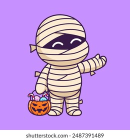 Cute Mummy Bring Candy With Pumpkin Basket Cartoon Vector Icon Illustration. Holiday Food Icon Concept Isolated Premium Vector. Flat Cartoon Style