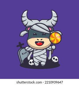 Cute mummy buffalo holding halloween candy. Cute halloween cartoon illustration.