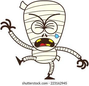 Cute mummy, with bulging eyes and broken yellow teeth, in a very sad mood while frowning, clenching its eyes, yelling and raising an arm and a leg in a very disconsolate attitude