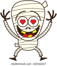 Cute mummy, with bulging red heart eyes and broken yellow teeth, in a very excited mood while jumping out of joy, smiling and raising his arms to show it is madly in love