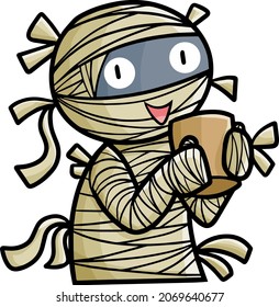 Cute mummy cartoon drinking coffee