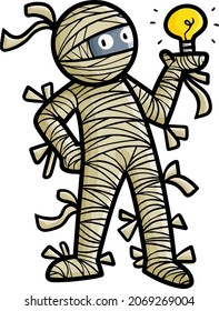 Cute mummy cartoon holding a bulb lamp