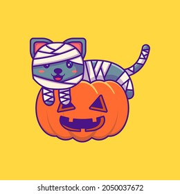 Cute mummy cat in pumpkin happy halloween with cartoon illustrations