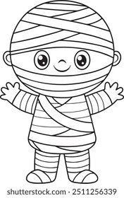 Cute mummy character, black and white Halloween illustration. Wrapped in bandages, perfect for kids' Halloween activities, coloring books, or as a graphic element for festive designs