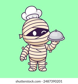 Ilustración del icono del Vector de dibujos animados de la momia linda que sirve el cocinero de la comida. Festiva Food Icon Concept Vector Premium aislado. Estilo plano de dibujos animados