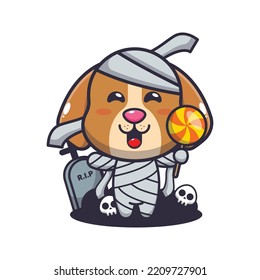 Cute mummy dog holding halloween candy. Cute halloween cartoon illustration.