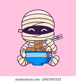 Cute Mummy Eating Ramen Noodle With Chopstick Cartoon Vector Icon Illustration. Food Holiday Icon Concept Isolated Premium Vector. Flat Cartoon Style