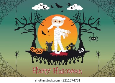 Cute mummy egypt Happy Halloween character pumpkin bat spooky trees with full moonlight shadow illustration