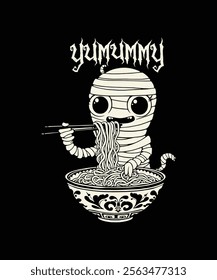 Cute mummy enjoying a bowl of Ramen noodles, playfully combining Halloween charm with food love. Perfect for adding spooky fun to your collection.