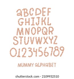 Cute Mummy Font. Alphabet Made Of Bandages. Monster Zombie Letter Of Latin ABC. Ancient Egyptian Type Letters, Numbers. Isolated Flat Vector Illustration.