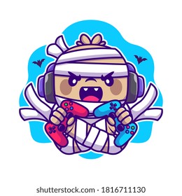 Cute Mummy Gaming Cartoon Vektorsymbol Illustration. Halloween Gaming Icon Konzept isoliert Premium Vektorgrafik. Flachbildkartonstil